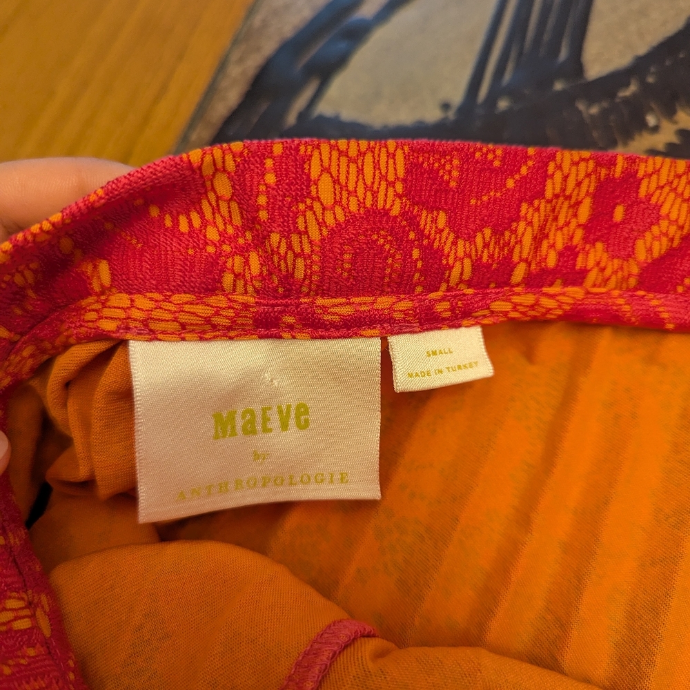 Anthropologie Maeve Pleated Skirt Bright Orange Hot Pink Floral Pleated A-line - Picture 3 of 8
